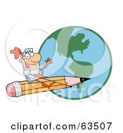 Poster, Art Print Of Freelancer Knight Man Riding On A Giant Pencil Over A Globe