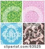 Poster, Art Print Of Digital Collage Of Four Seamless Floral Tile Backgrounds In Green Pink Blue And Brown
