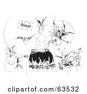 Royalty Free RF Clipart Illustration Of A Black And White Sketch Of Witches And Bats Around A Cauldron