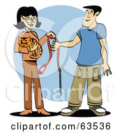 Poster, Art Print Of Woman Handing Her Kitty Cats Collar And Leash To A Pet Sitter