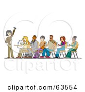 Royalty Free RF Clipart Illustration Of A Group Of Students Sitting At Desks And Listening To A Female Teacher by Andy Nortnik