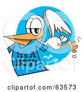 Royalty Free RF Clipart Illustration Of A White Stork Flying With A Blue Its A Boy Shirt In Its Beak