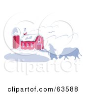 Poster, Art Print Of Rancher And His Cow Silhouetted In The Winter Near A Snow Covered Barn