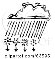 Royalty Free RF Clipart Illustration Of A Black And White Cloud Raining Down Onto Spring Flowers by Andy Nortnik