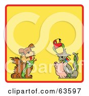 Poster, Art Print Of Yellow Background Bordered With A Red Line Dog Snake Pig Cat And Parrot