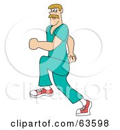 Running Blond Male Nurse In Green Scrubs