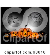 Royalty Free RF Clipart Illustration Of A Group Of Spooky Black And Orange Glowing Pumpkins In Silhouetted Grass Under Trees A Full Moon Fog And Vampire Batss by KJ Pargeter