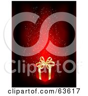 Poster, Art Print Of Red Christmas Box With Gold Ribbons On A Red Sparkling Background