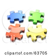Poster, Art Print Of Four Seperated 3d Blue Green Orange And Yellow Jigsaw Puzzle Pieces
