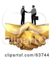 3d Men Shaking Hands On Top Of A Giant Golden Handshake