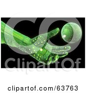 Royalty Free RF Clipart Illustration Of A 3d Green Cyber Circuit Hand Reaching To A Floating Globe