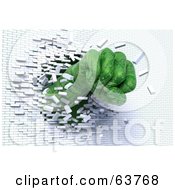 Royalty Free RF Clipart Illustration Of A 3d Green Circuit Fist Breaking Through A White Brick Wall