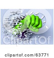 Royalty Free RF Clipart Illustration Of A 3d Green Wire Frame Fist Breaking Through A White Brick Wall by Tonis Pan #COLLC63771-0042
