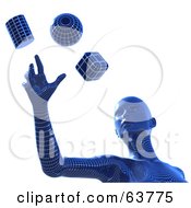 Blue 3d Wire Framed Cyber Woman Reaching For A Sphere Cube And Cylinder