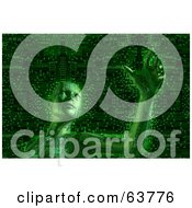 Royalty Free RF Clipart Illustration Of A 3d Green Cyber Woman Curiously Reaching Outward Over A Circuit Background