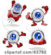 Royalty Free RF Clipart Illustration Of A Digital Collage Of A Blue Eyeball Guy Jumping Giving Two Thumbs Up Presenting And Meditating by Tonis Pan