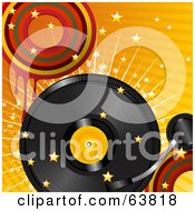 Poster, Art Print Of Retro Record Turning Over A Bursting Retro Orange Background With Stars And Dripping Circles
