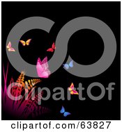 Royalty Free RF Clipart Illustration Of A Background Of Colorful Butterflies Over Gradient Plants On Black Version 2