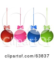 Royalty Free RF Clipart Illustration Of Four Sparkling Red Pink Blue And Green Hanging Christmas Baubles On White
