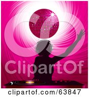 Royalty Free RF Clipart Illustration Of A Silhouetted Female Dj Holding An Arm Up And Mixing Records Under A Pink Disco Ball by elaineitalia #COLLC63847-0046