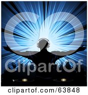 Royalty Free RF Clipart Illustration Of A Silhouetted Dj Wearing Headphones And Holding His Arms Out Over A Dance Floor With A Blue Burst by elaineitalia #COLLC63848-0046