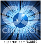 Royalty Free RF Clipart Illustration Of A Blue Party Disco Ball Sparkling And Spinning Over A Burst Background