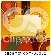 Poster, Art Print Of Blank Space Bordered With Colored Lines Circles Grunge Flowers Speakers And A Disco Ball