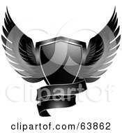 Royalty Free RF Clipart Illustration Of A Black Shiny Winged Shield With A Curvy Banner