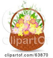 Poster, Art Print Of Pink And Yellow Flowers With Ferns In A Wicker Basket