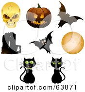 Poster, Art Print Of Digital Collage Of Halloween Objects Skull Pumpkin Bats Cats Moon And Abbey