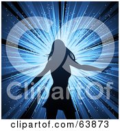 Royalty-Free (RF) Clipart Illustration of a Silhouetted Female Disco Diva Dancer Over A Blue Burst by elaineitalia #COLLC63873-0046