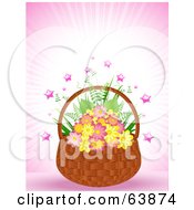 Poster, Art Print Of Wicker Basket Of Pink And Yellow Flowers With Stars On Pink