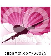 Royalty Free RF Clipart Illustration Of A Silhouetted Airplane Against A Sparkling Pink Background With Rays And Clouds by elaineitalia