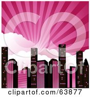 Royalty Free RF Clipart Illustration Of Rays Of Light Bursting Over Clouds Above A Pink And Black City