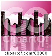 Royalty Free RF Clipart Illustration Of A City Skyline Of Black And Pink Skyscrapers Reflecting In Water by elaineitalia