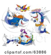 Royalty Free RF Clipart Illustration Of A Group Of Three Pirate Sharks And A Parrot Fish