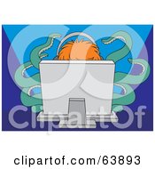 Royalty Free RF Clipart Illustration Of A Red Haired Person Wearing Headphones Behind A Computer With Green Tentacles