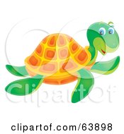 Poster, Art Print Of Friendly Green And Orange Airbrushed Sea Turtle Swimming