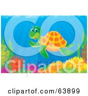 Poster, Art Print Of Underwater Scene Of A Happy Sea Turtle Swimming Over A Coral Reef
