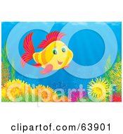 Poster, Art Print Of Underwater Scene Of A Happy Red And Yellow Marine Fish Over A Coral Reef