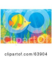 Poster, Art Print Of Underwater Scene Of A Happy Green And Yellow Marine Fish Over A Coral Reef