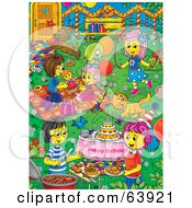 Poster, Art Print Of Busy Birthday Party Yard With Kids Playing Women Talking And Pets