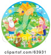 Poster, Art Print Of Round Scene Of Grandparents A Child And Animals Around A Large Turnip
