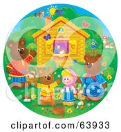 Poster, Art Print Of Round Scene Of Bears And A Girl Outside A Cottage