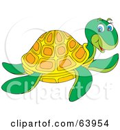 Poster, Art Print Of Friendly Sea Turtle With Blue Eyes And A Yellow And Orange Shell