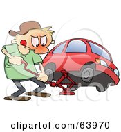 Poster, Art Print Of Flustered Man Jacking Up His Red Car To Change A Flat Tire