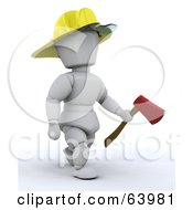 Poster, Art Print Of 3d White Character Fireman Wearing A Hardhat And Carrying An Axe