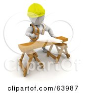 Royalty Free RF Clipart Illustration Of A 3d White Character Wearing A Vest And Hardhat And Sawing Wood On A Saw Horse by KJ Pargeter