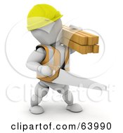 Royalty Free RF Clipart Illustration Of A 3d White Character Construction Worker Wearing A Hardhat And Vest And Carrying A Saw And Lumber by KJ Pargeter