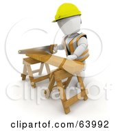 3d White Character Wearing A Hardhat And Sawing Wood On A Saw Horse
